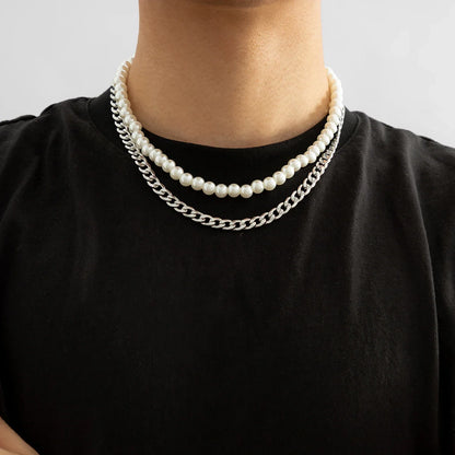 Lianfudai Punk Imitation Pearl Bead Chain Spikes/Cross Pendant Necklace Men Hiphop Layered Stainless Steel Choker Set 2024 Fashion Jewelry