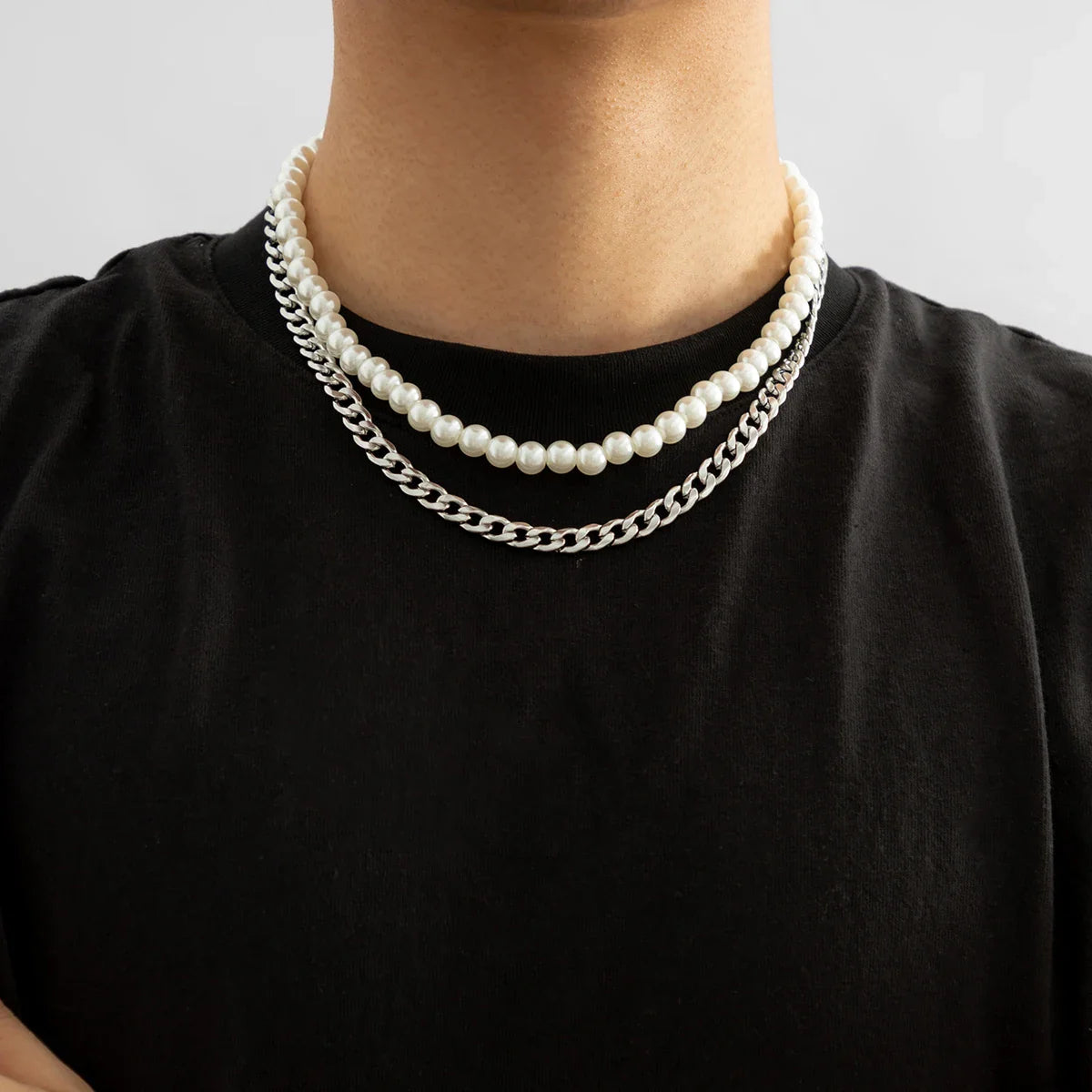 Lianfudai Punk Imitation Pearl Bead Chain Spikes/Cross Pendant Necklace Men Hiphop Layered Stainless Steel Choker Set 2024 Fashion Jewelry