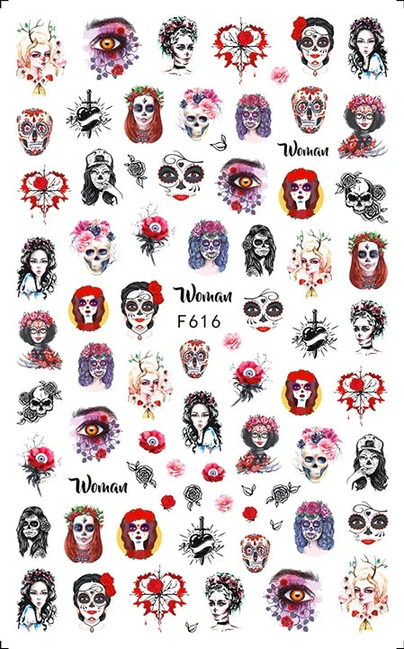 sengpan 3D Halloween Nail Stickers Clown Skull Bone Pumpkin Cartoon Spider Bat Nail Decals Self-Adhesive Nail Art Stickers Nails Decor