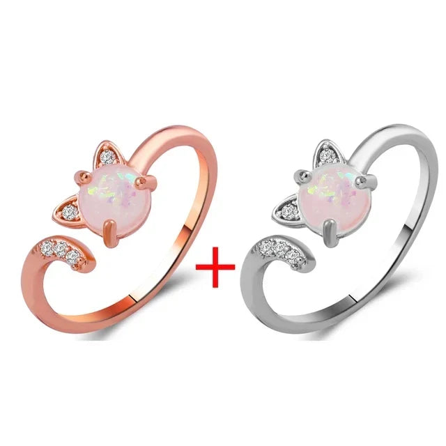 sengpan Cat Ear Finger Rings Open Cute Footprints Ring For Women Girl Pearl Hollow Geometric Gift Adjustable Fine Jewelry Accessories