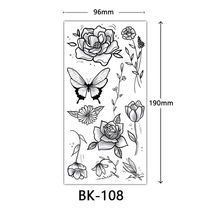 sengpan Black Flower Tattoo Stickers for Hand Arm Waterproof Temporary Tattoos for Women Butterfly Fake Tattoo Sleeve Tatoos Girls