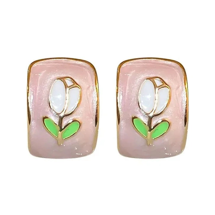 sengpan Sweet Fashion Enamel Pearl Tulip Flower Stud Earrings For Women Korean Temperament Zircon Back Hanging Earring Wedding Jewelry