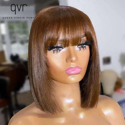 sengpan 180 Density Full Machine Wig Highlight Brown Colored Bone Straight Human Hair Bob Wigs QVR Human Hair With Bangs For Women