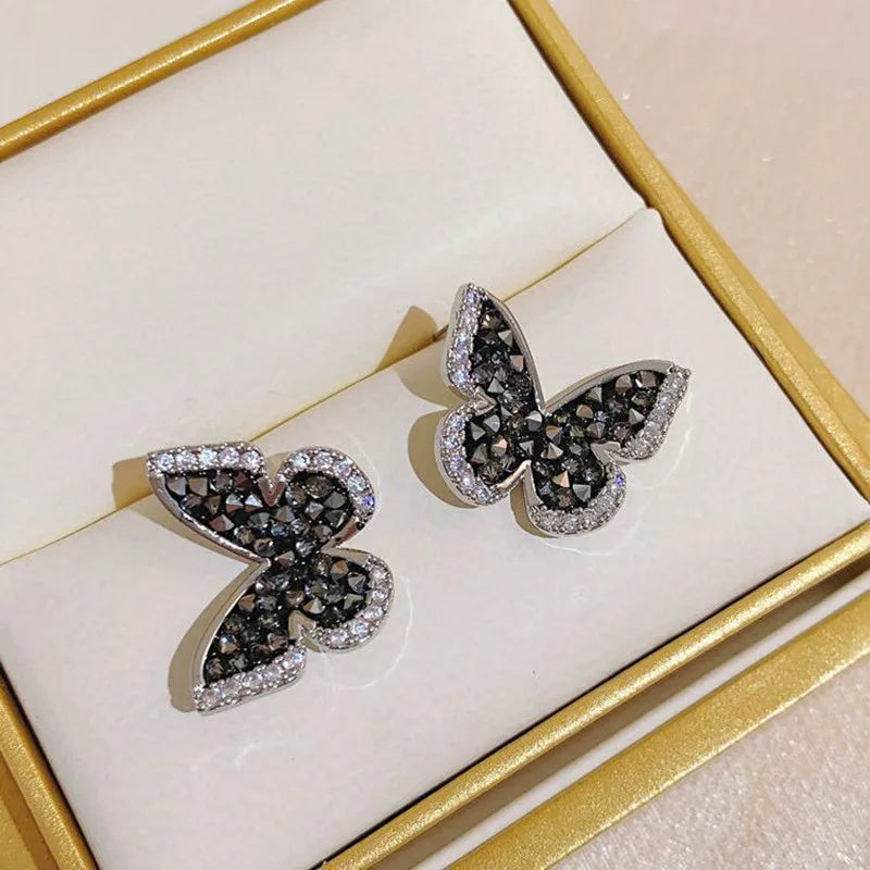 sengpan Inlaid Zircon Black Crystal Silver Colour Butterfly Earrings Women's Personality Fashion Earrings Wedding Jewelry Birthday Gifts