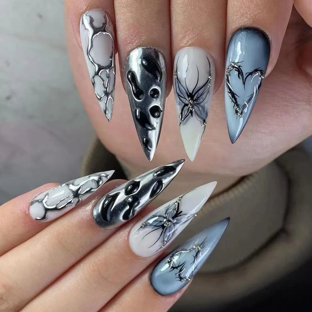 sengpan Punk Cool Fake Nails Y2k Sliver Star Crystal Crocodile Pattern Press on Nails Long Coffin Heavy Metal French False Nails