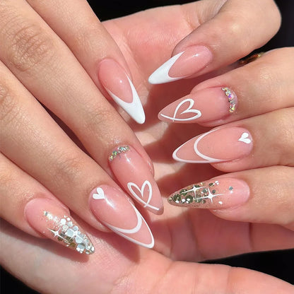 sengpan Simple Stiletto French Fake Nails for Valentine's Day Almond Sweet False Nails with Glue Full Cover Artificial Nails Press On