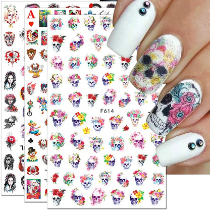 sengpan 3D Halloween Nail Stickers Clown Skull Bone Pumpkin Cartoon Spider Bat Nail Decals Self-Adhesive Nail Art Stickers Nails Decor