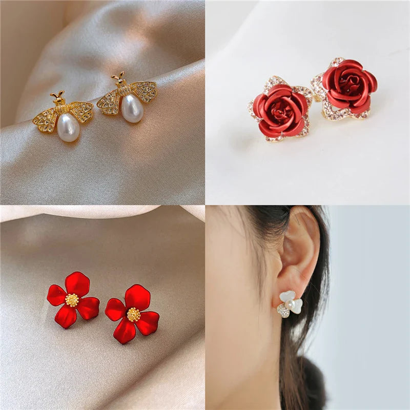 Lianfudai Cute New Flower Bee Asymmetric Earrings Fashion Zircon Earrings Jewelry Punk Lmitation Pearl Stud Earrings For Women Girls Gift