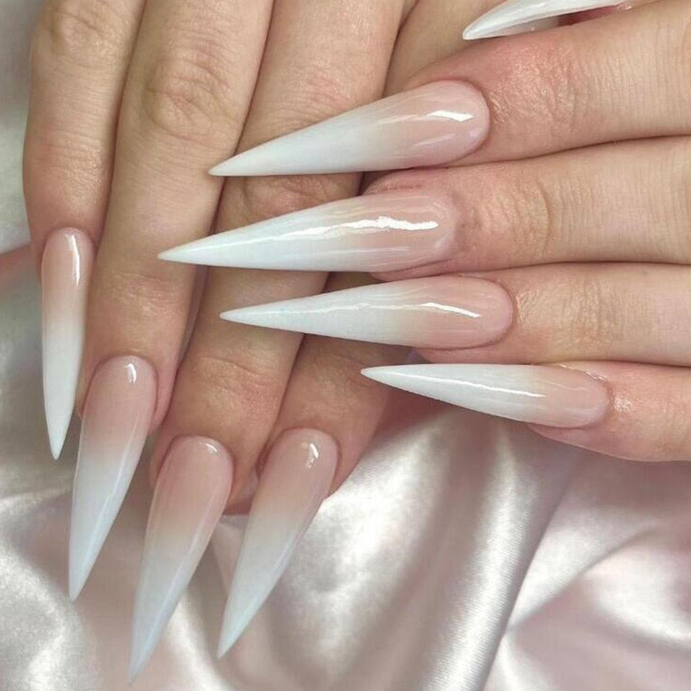 Lianfudai current nail trends 2023   24Pcs Extra Long Stiletto False Nails Pointy French Fake Nails Glitter Detachable Almond Press on Nails Full Cover Nail Tips