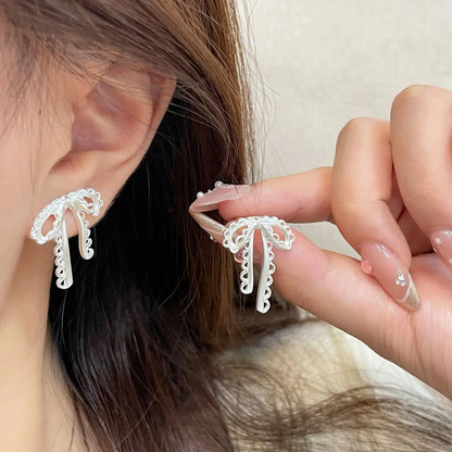 sengpan Sweet Heart Crystal Ribbon Bowknot Stud Earrings for Women Inlaid Zircon Hollow Bow Korean Style Girl Earrings Y2K Jewelry Gifts