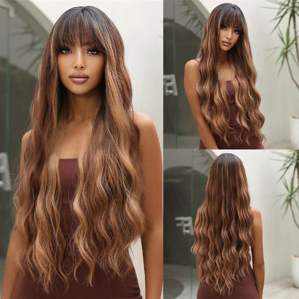 sengpan  Brown Highlight Long Wave Wigs for Women Synthetic Wig with Bangs Ombre Mixed Color Natural Looking Hair for Daily