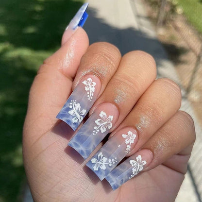 Lianfudai current nail trends 2023  24Pcs Long Ballet False Nails with Colorful Flower Designs Wearable French Fake Nails Coffin Full Cover Nails Set Press On