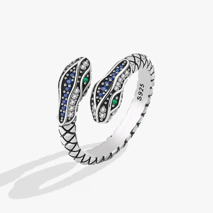 sengpan  Silver Rings For Women Snake Shape Green Eye Simple Trendy Retro Open CZ Anillos Party Gifts Accessories