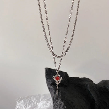 sengpan Double Layer Red Zircon Rose Pendant Necklace Y2K Layered Flower Stone Chain Necklaces Irregular Floral Aesthetic Egirl Necklace