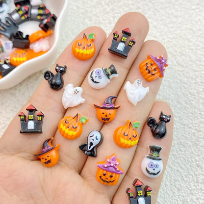 sengpan 50Pcs Cute Resin Mini Cartoon holy halloween cat, ghost series Flat Back Manicure Parts Embellishments For Hair Bows Accessories