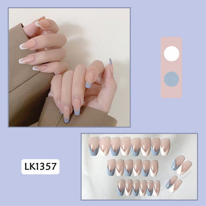 sengpan 24p Artifical Fake Nails Full Coverage False Nails White Clouds French Long Wearing Reusable Nail Coffin Ballerina Press on Nail