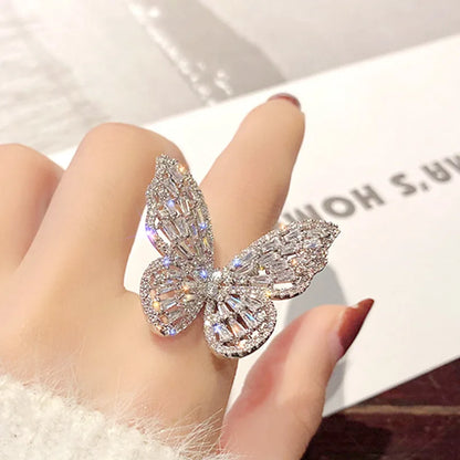 sengpan Trendy Shining Butterfly Adjustable Opening Ring For Women Crystal Acrylic Inlay Fashion Party Hand Accessories Jewelry