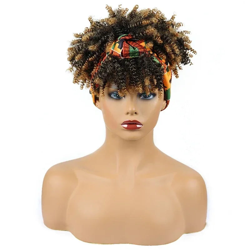 sengpan Short Kinky Curly Headband Wigs  Afro Puff Curly Headband Wig For Women Natural Synthetic Turban Wrap Wig  Cosplay Daily Use