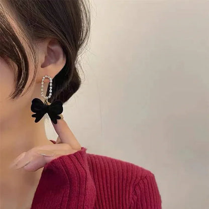 Lianfudai Red Black Bowknot Eardrop Silver Color Women Trendy Earrings Korean New Style Fashion Jewelry Daily Accessories