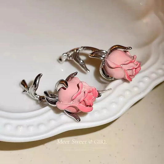 sengpan Romantic Korean Fashion Pink Rose Earring Exquisite Trendy Charm Earrings Vintage Jewellery for Women Classic Flower Accessories