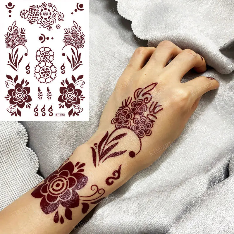 sengpan Brown Henna Stickers for Hand Flower Temporary Henna Tattoos for Women Fake Tatoo Waterproof Mehndi Designs Wedding Tattoo Hena