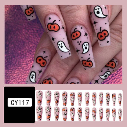 Lovely Funny Halloween Ghost Face Horror Blood Fake Nails Ballerina Matt Spider Web Nail Art Gorgeous Reusable Press on Nails