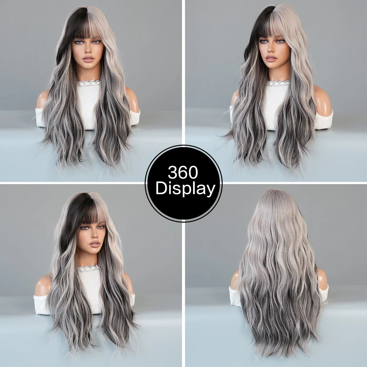 sengpan WIGS Long Body Wavy Silver Ash Hair Wig with Bangs for Women Daily Party High Density Hair Ombre Wigs Heat Resistant Fiber