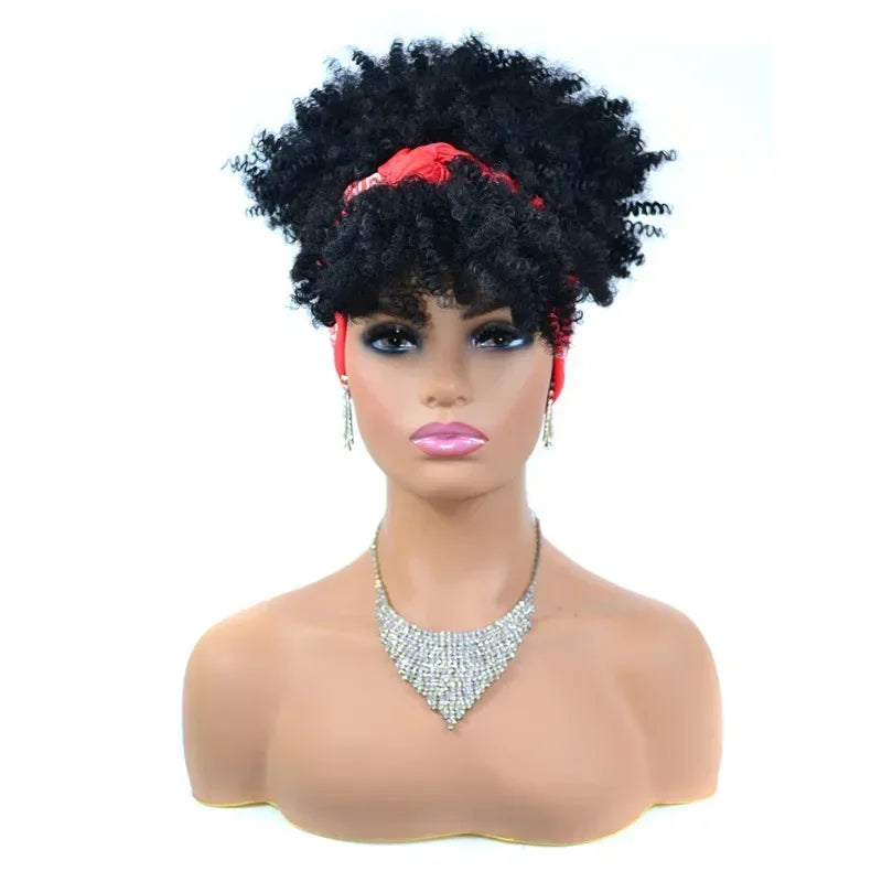 sengpan Short Kinky Curly Headband Wigs  Afro Puff Curly Headband Wig For Women Natural Synthetic Turban Wrap Wig  Cosplay Daily Use