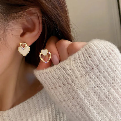 Lianfudai Cute Korean Earrings Heart Bling Zircon Stone Rose Gold Color Stud Earring for Women Fashion Jewelry 2024 New Gift