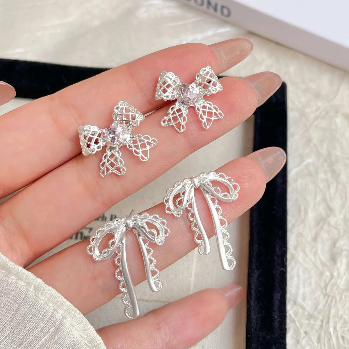 sengpan Sweet Heart Crystal Ribbon Bowknot Stud Earrings for Women Inlaid Zircon Hollow Bow Korean Style Girl Earrings Y2K Jewelry Gifts