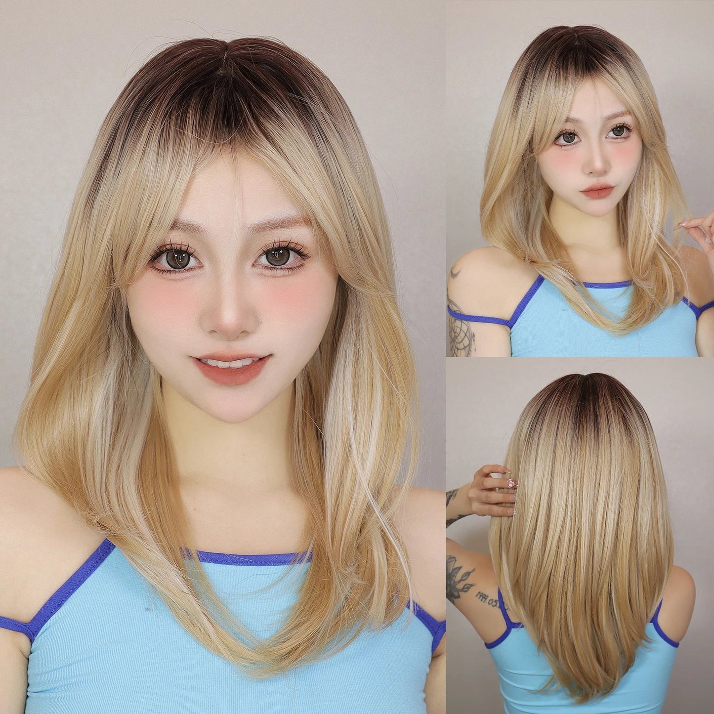 sengpan Ombre Synthetic Straight Cosplay Women Hair Platinum Blonde to Black Hair Long Layered Natural Wigs with Bangs for White Women