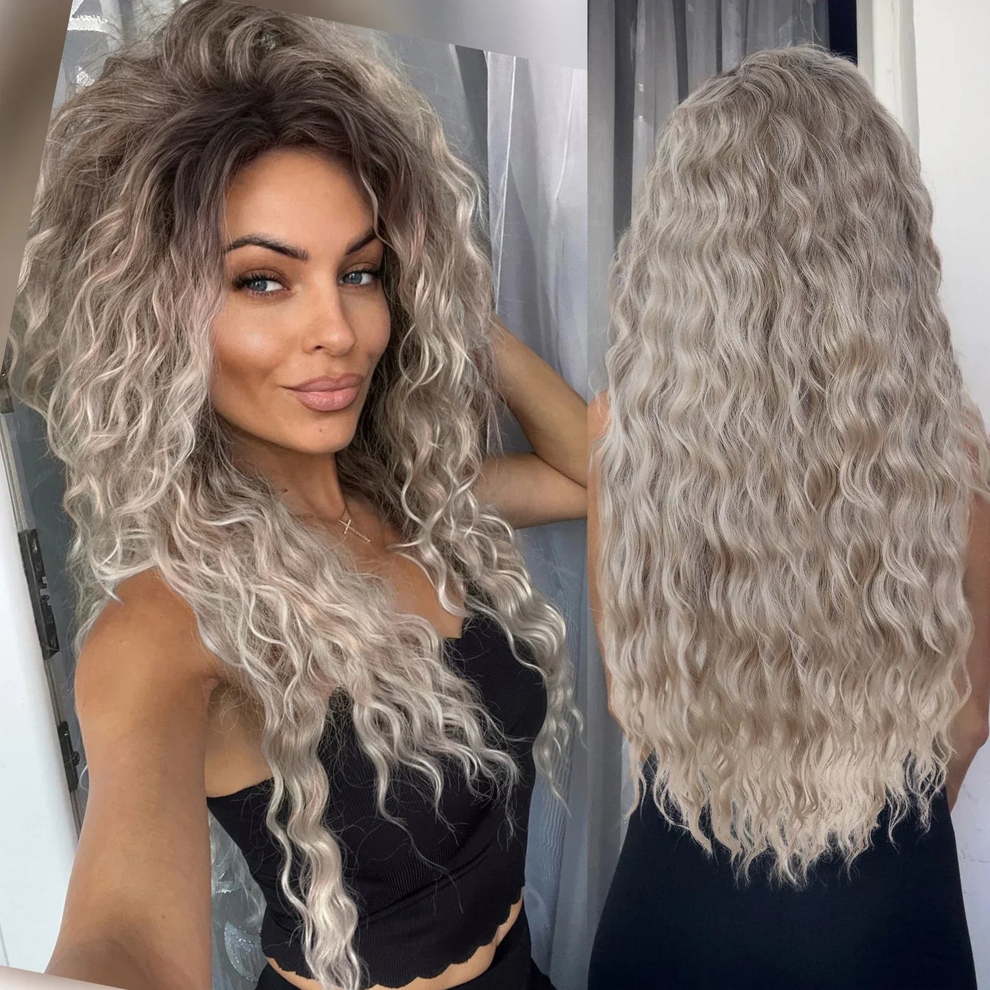 sengpan Ash Blonde Curly Wig Synthetic Long Curly Hair Wigs for Women Fluffy Hairstyle Wave Ombre Wig Costume Carnival Party Regular Wig