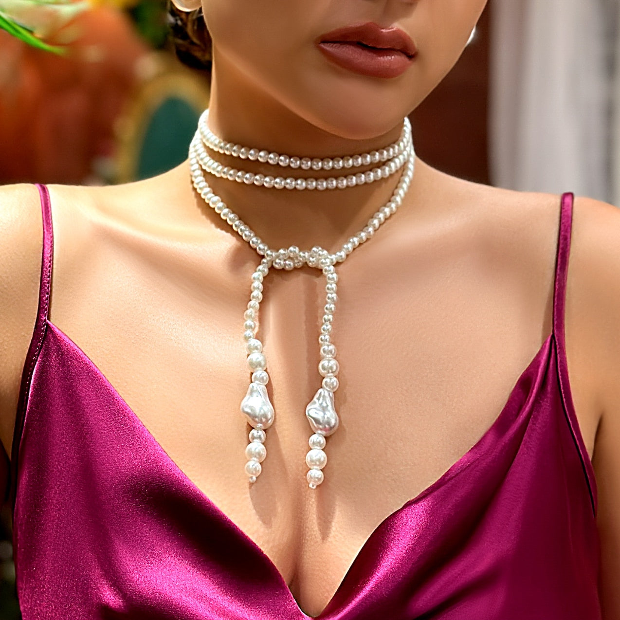 sengpan Creative Long Imitation Pearl Adjustable Bow Chain Necklace for Women Wedding Bridal Sexy Chest Link Choker Y2K Accessories New