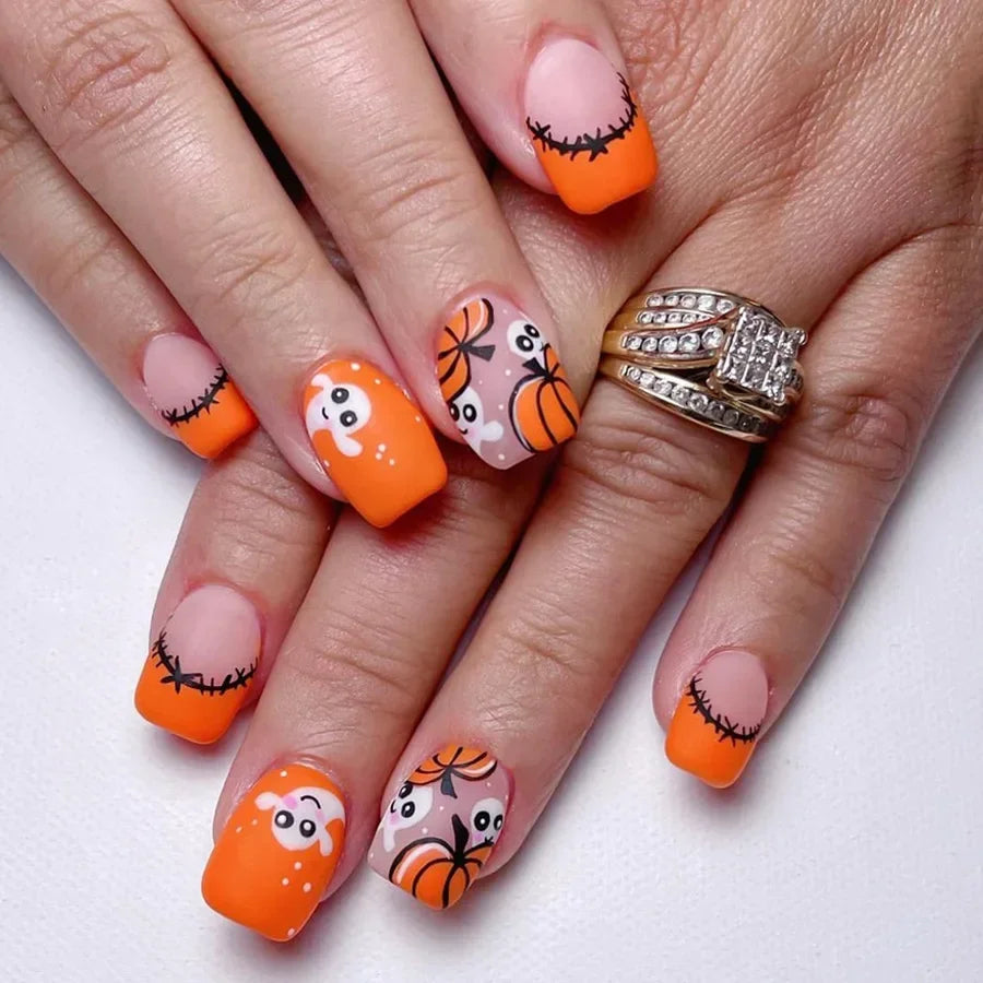 sengpan 24pcs Cute Ghost&Pumpkin Halloween Press-On Nails-Glossy Short Square Fake Nails with Festive Designs False Nail for Women/Girls