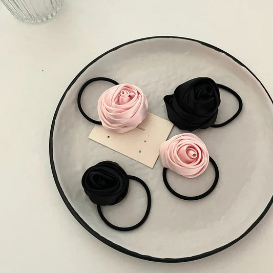 Dospita Black Pink Satin Hair Tie Rope Women Fashion Rose Flower Hair Rubber Bands Scrunchies Fashion Elastic Hair Accessories