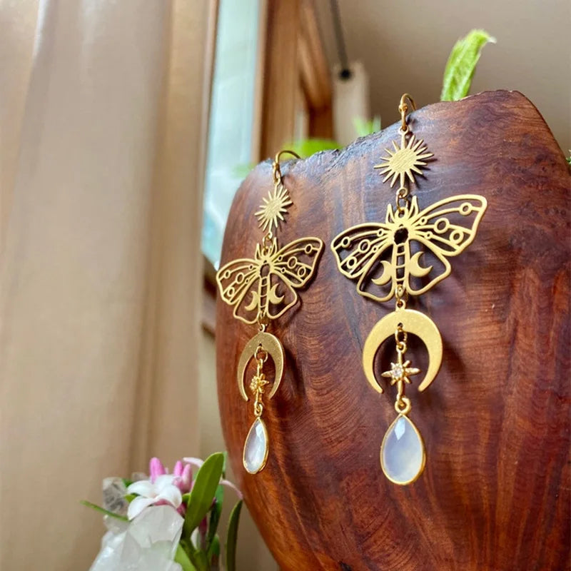 sengpan  Celestial Moonstone Moth Earrings Hypoallergenic Fairy Jewelry Handmade Creativity Novelty Jewelry Women Gift Statement Grunge