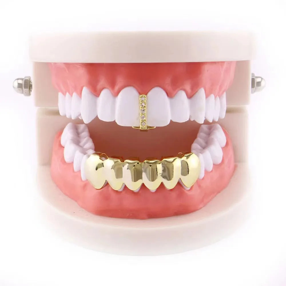 sengpan 18K Gold Plated Grillz Teeth Cross Heart Crystal Gold Gap Grillz Hip Hop Top & Bottom Tooth Cap Bling Grill Trendy Open Fang