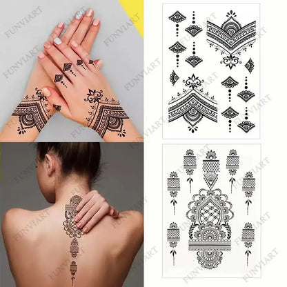 sengpan Black Henna Temporary Tattoo Stickers Women Sexy Lace Hand Jewelry Flower Fake Tatoo Waterproof Body Art Tattoo Wedding