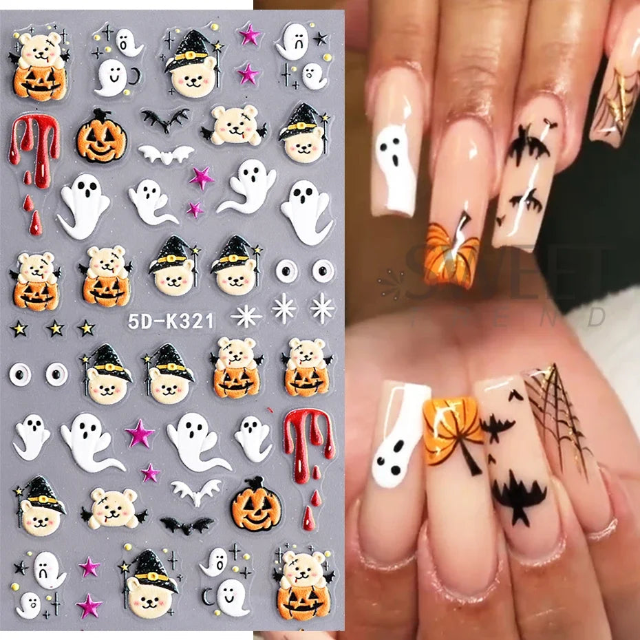 sengpan 5D Halloween Ghost Pumpkin Embossed Nail Stickers Decals Spider Web Clown Bone Nail Art Gel Sliders Design Manicure Decorations