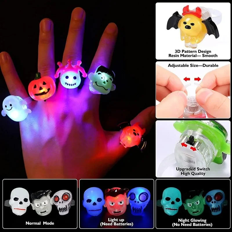 sengpan 10-30Pcs Jewelry Party Gifts LED Luminous Halloween Rings Creative Pumpkin Ghost Skull Glowing in Dark Finger Rings Toys Lights