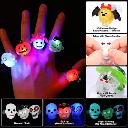 sengpan 10-30Pcs Jewelry Party Gifts LED Luminous Halloween Rings Creative Pumpkin Ghost Skull Glowing in Dark Finger Rings Toys Lights