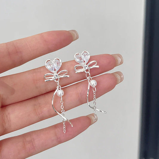 sengpan Simple Silver Color Sweet Cute Ribbon Heart Bowknot Earrings for Women Trend Drop Earrings Aesthetic Wedding Jewelry Gift Y2K