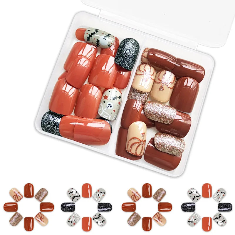 sengpan 48pcs/set Cute Ghost & Pumpkin Halloween Press-On Nails-Glossy Short Square Festive Designs Fake Nails for Women and Girls Wear