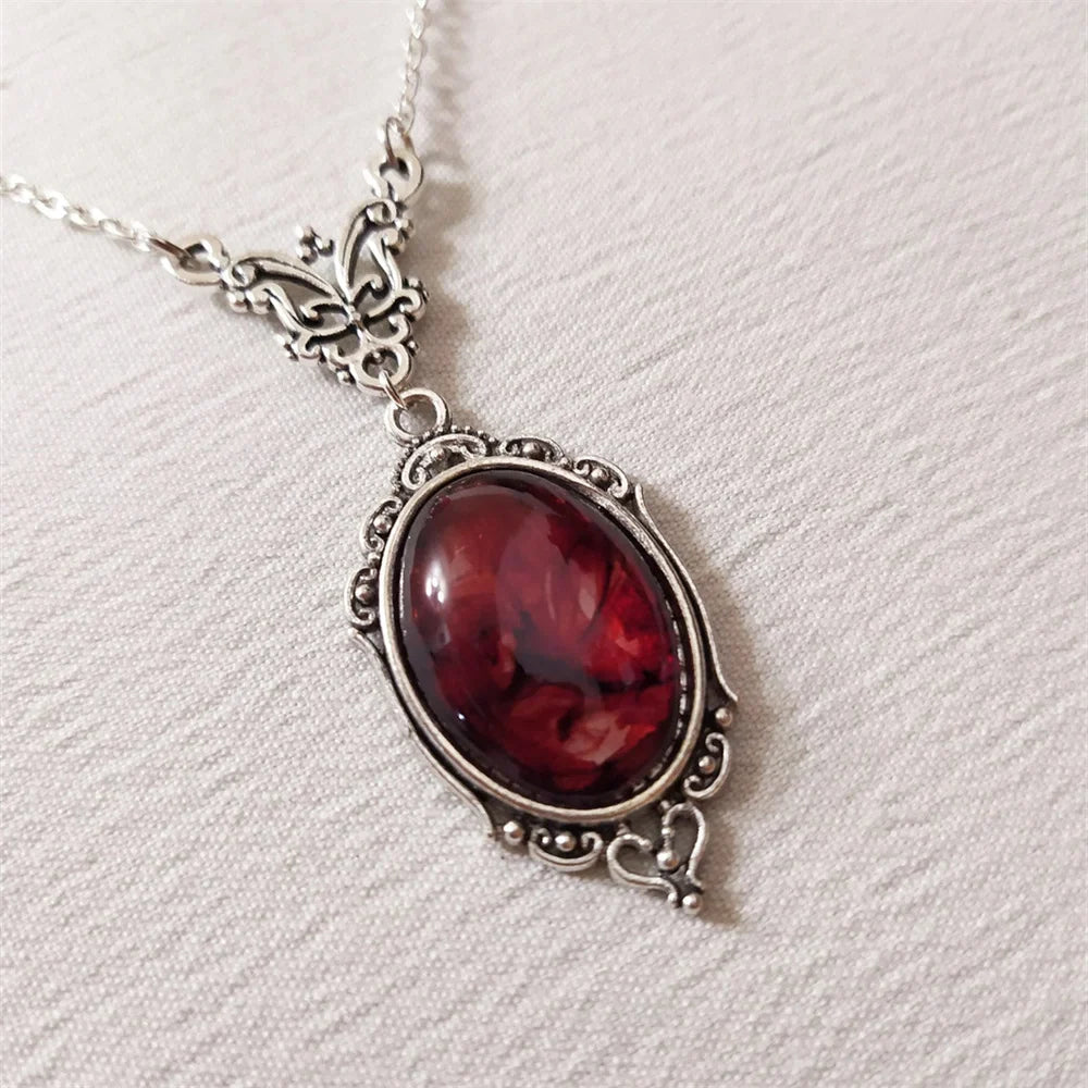 sengpan Gothic Blood Red Quartz Charm Necklace Oval Pendant Necklace For Women Halloween Vampire Embossed Witch Jewelry Vintage Chokers