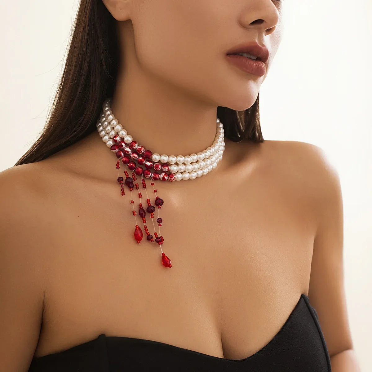 sengpan Goth Multilayer Red Blood Imitation Pearl Choker Statement Necklace For Women Vintage Crystal Bead Halloween Jewelry