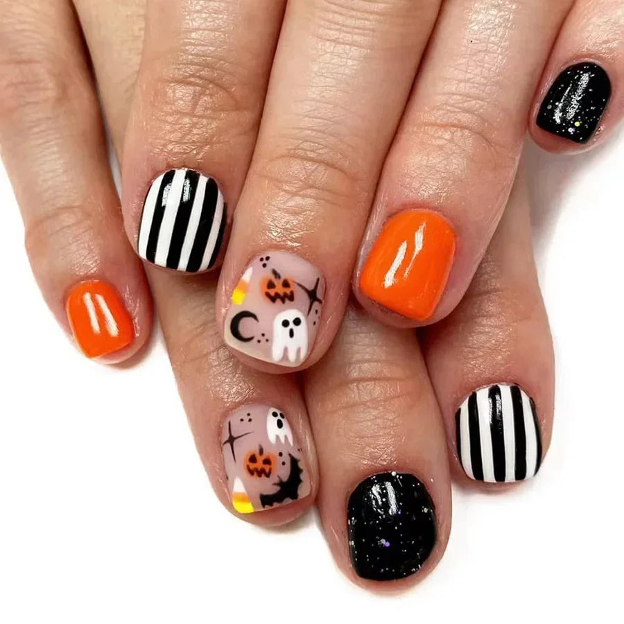 sengpan 24pcs/set Halloween Press-On Nails Set - Short Square, Glossy Finish with Cute Ghost & Pumpkin Designs in Orange/Black for Women