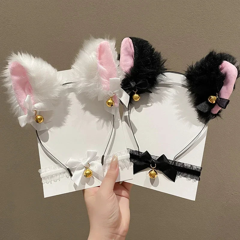 sengpan Sexy Kawaii Cat Ears Headband Women Girls Lace Bow Necklace Plush Bell Hairband Cosplay Halloween Party Costume Hair Accessories