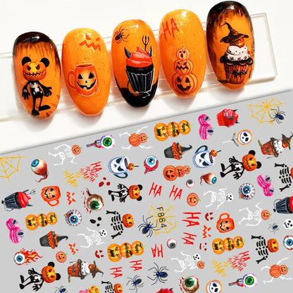 sengpan 3D Halloween Nail Stickers Clown Skull Bone Pumpkin Cartoon Spider Bat Nail Decals Self-Adhesive Nail Art Stickers Nails Decor