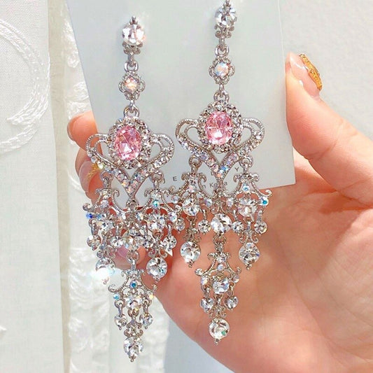 sengpan gifts for women  Shine Full Rhinestone Vintage Baroque Pink Crystal Love Heart Earrings Sweet Silver Stud Earrings  jewelry  korean earrings