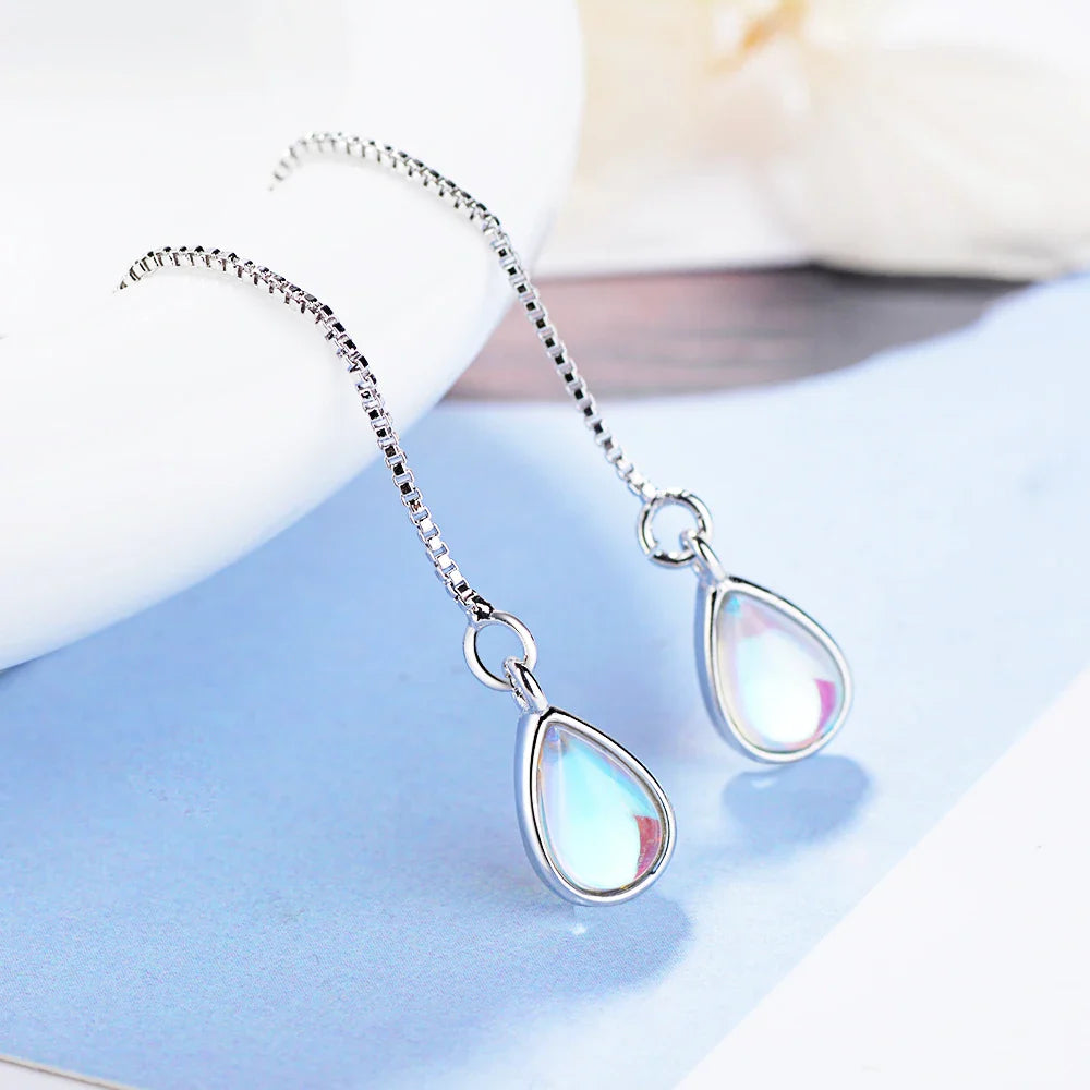 sengpan Elegant Teardrop Moonstone Dangle Long Chain Threader Earrings for Women Girl